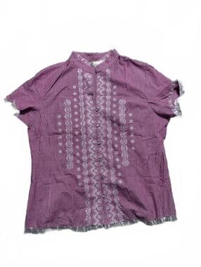 Shaver Lake 100% Cotton Red Gingham Button Up Blouse With Lace Details Size XL